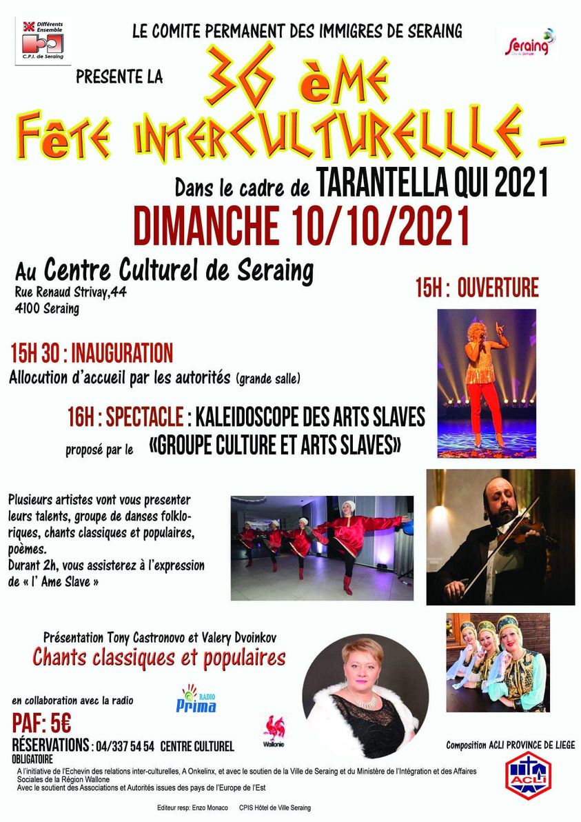 Affiche. Seraing. Chants classiques et populaires, proposé par le Groupe culture et arts slaves. 36ème fête interculturelle dans le cadre de Tarantella. 2021-10-10